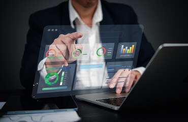 Business intelligence dashboard, futuristic financial analytics, data tracking, digital transformation, AI CRM sale marketing technology, corporate performance insights, smart business solutions