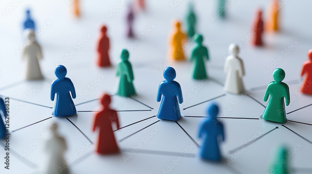 Poster connecting people through colorful network figures, representing collaboration and teamwork in profe