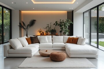 Cozy modern living room with large sectional sofa and plants in a contemporary home setting