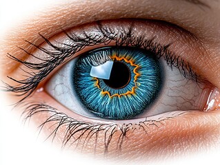 A close up of a woman's blue eye with a blue iris