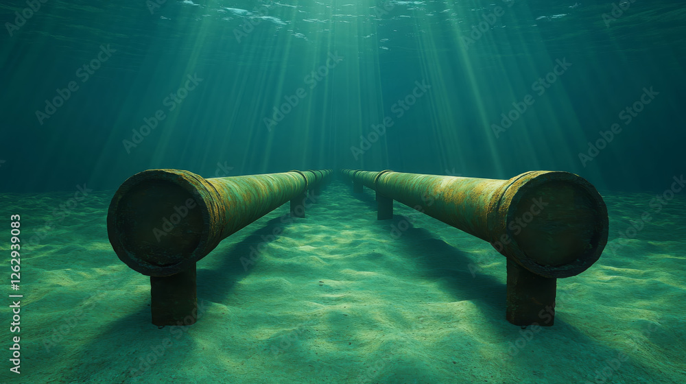 Poster underwater image showing section of pipeline with sunlight rays illuminating scene, creating serene 