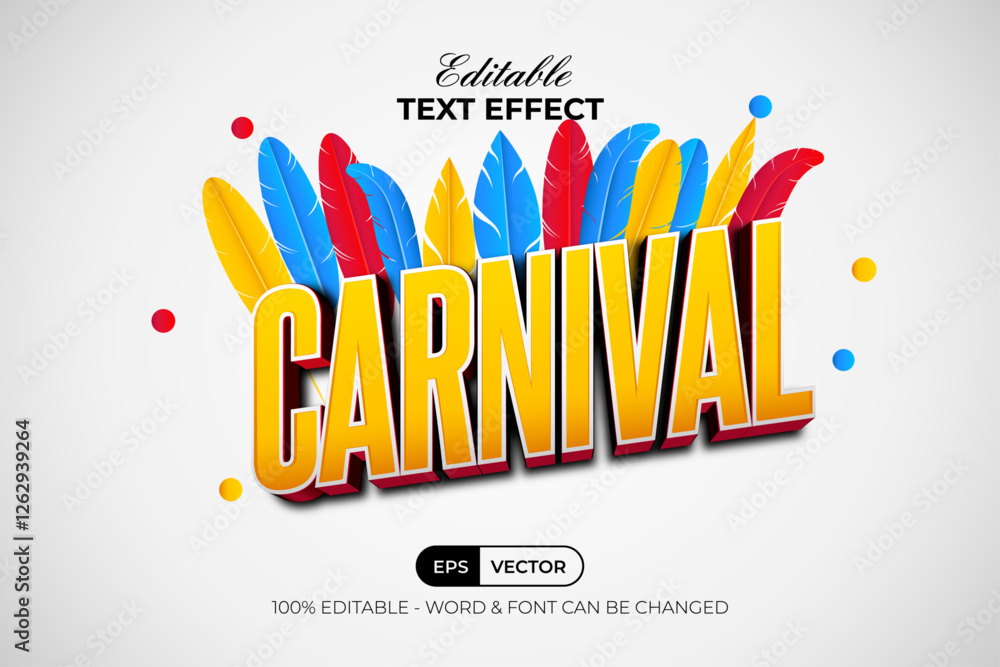Poster text effect carnival 3d style. editable text effect with feather elements.