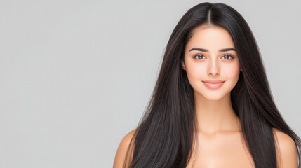 Fototapeta premium close up portrait of woman with long, straight black hair and radiant smile, showcasing her natural beauty against neutral background