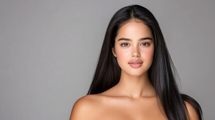 Fototapeta premium close up portrait of woman with long black hair and smooth skin, exuding confidence and beauty. neutral background enhances her features and expression