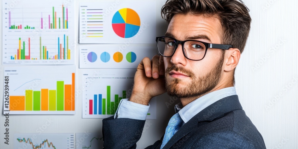 Poster businessman analyzing research findings with data visualization charts on a neutral background