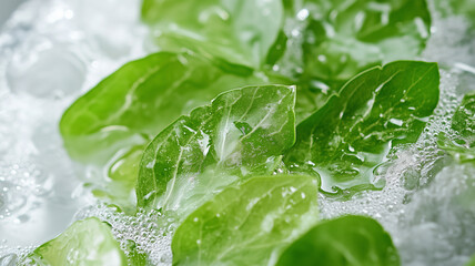 冷水で引き締まる小松菜の若葉、フレッシュな輝きを捉えたクローズアップ