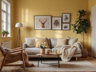 Cozy Living Room With Beige Sofa And Yellow Walls