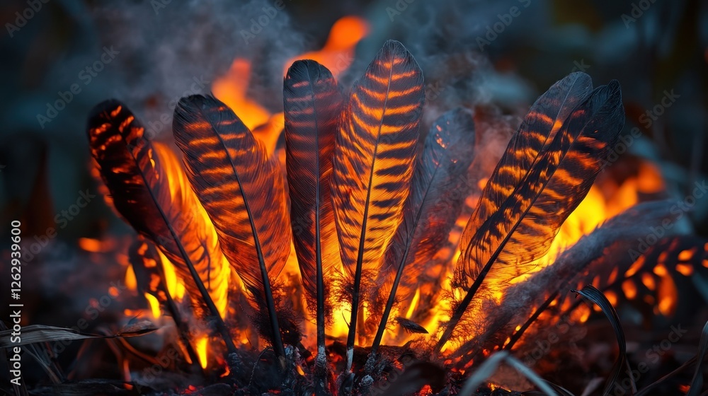 Poster a close-up of glowing feathers surrounded by flames, creating an intense visual effect.