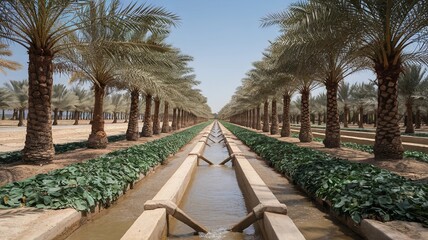 Fototapeta premium A Middle Eastern farmer harvesting ripe dates from a tall date palm tree, using traditional tools. The background features a lush palm grove with rows of trees stretching into the distance.
