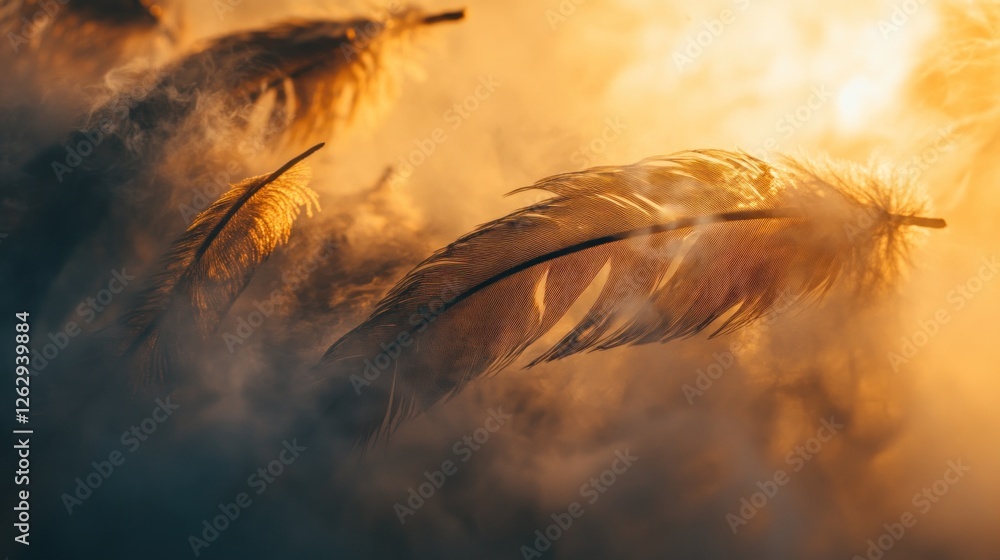 Poster soft feathers emerge from a misty background, creating a serene and ethereal atmosphere.