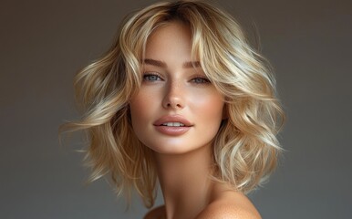 Naklejka premium Stylish portrait of woman with wavy blonde hair, beauty makeup, elegant fashion, high key lighting, soft shadows