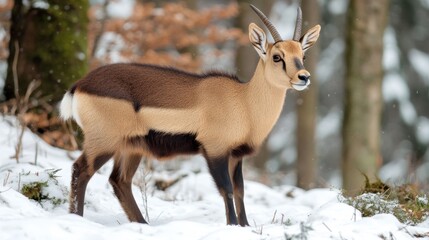 A beautiful chamois in the winter forest. Winter scene wsith a horn animal. Rupicapra rupicapra