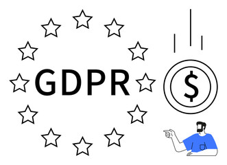 Stars arranged in a circle around GDPR text, dollar sign with downward arrows, person pointing. Ideal for laws, regulations, fines, data privacy, compliance economy accountability. Abstract line
