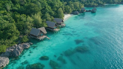 Tropical Overwater Bungalows On Turquoise Bay