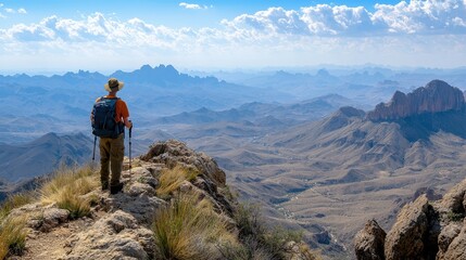 Obraz premium hiker standing on mountain peak, overlooking vast landscape of mountains and valleys. scene captures beauty of nature and thrill of adventure
