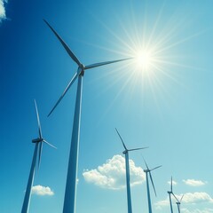 renewable energy green solar panel clean technology sustainable future. Sustainable Energy Generation Wind Turbines Against a Bright Blue Sky with Sunburst Radiating Effect.