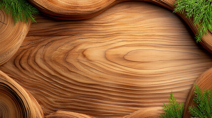 Natural wood grain pattern with green foliage accents for design
