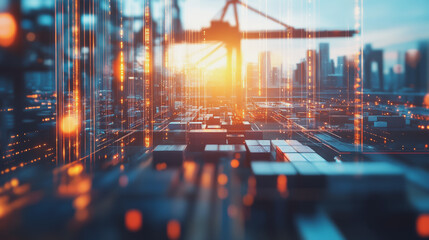 Container truck in ship port for business Logistics and transportation of Container Cargo ship and Cargo plane with working crane bridge in shipyard at sunrise, logistic import export and transport