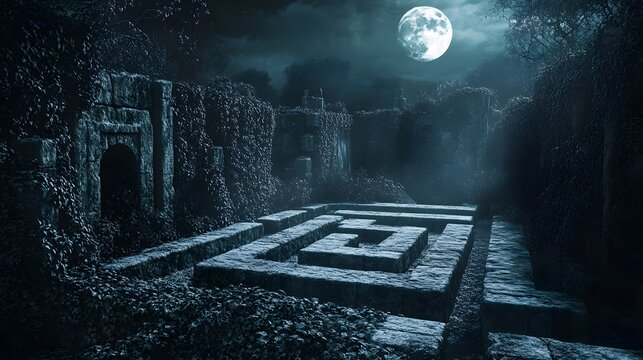 Exploring an Ancient Stone Maze Under the Enchanting Moonlight and Whispers of Nature