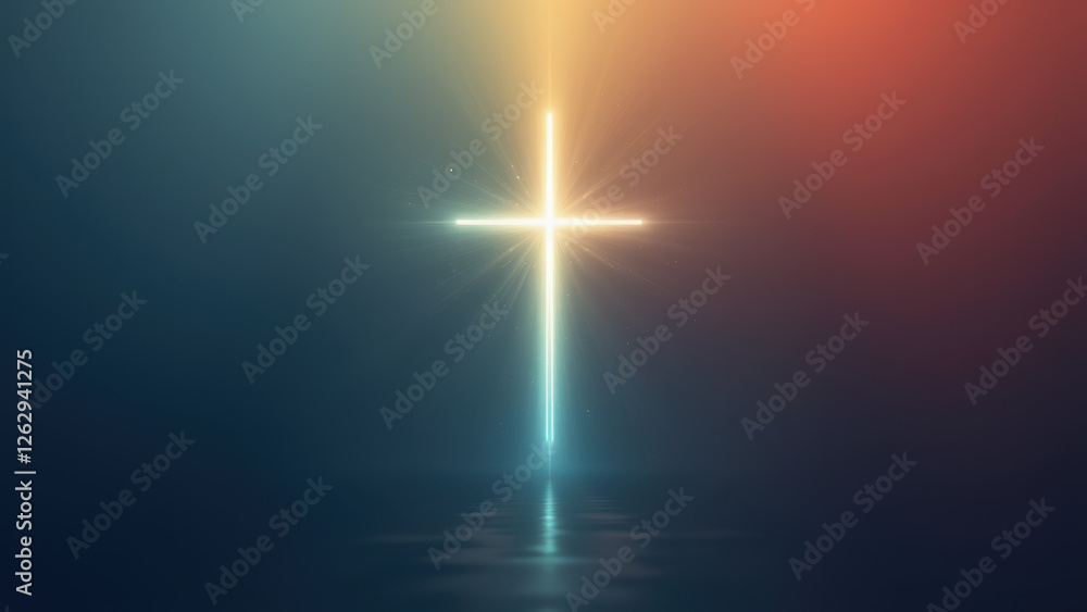 Poster a digital art rendering featuring a vibrant cross with light rays emanating from behind a body of wa