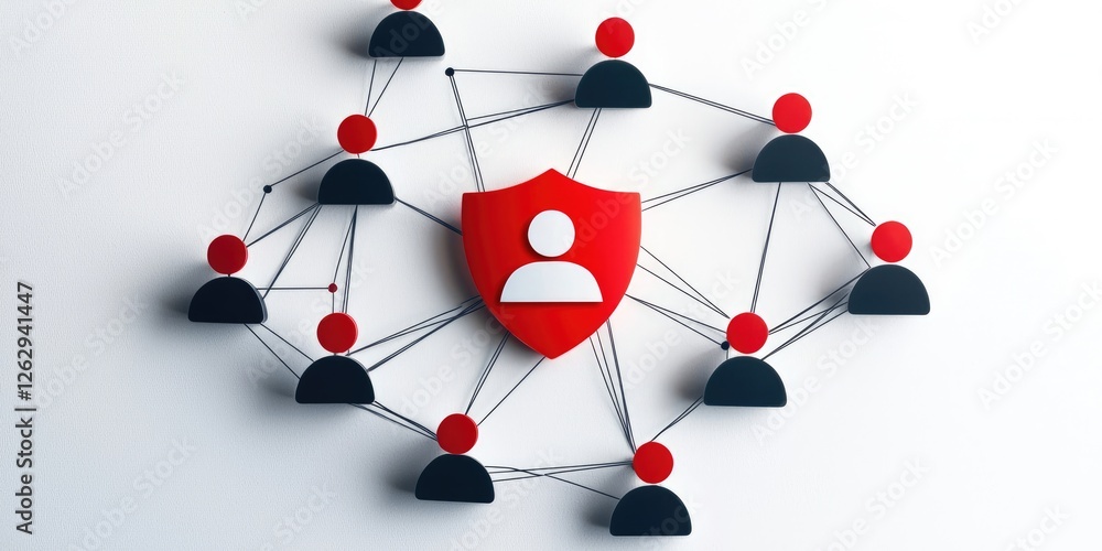 Poster visual representation of risk management and threat prevention, featuring a shield icon and network 