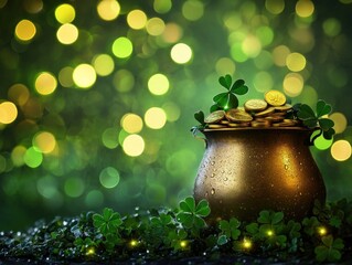 Elegant golden pot with coins and clover leaves on sparkling green background for St. Patricks day decoration