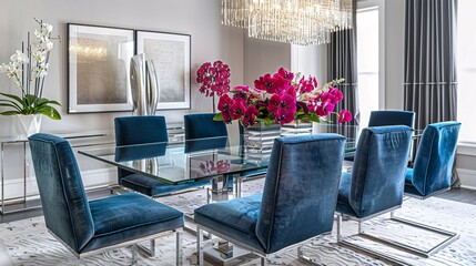 Elegant Modern Dining Room Background with Blue Velvet Chairs and Glass Table