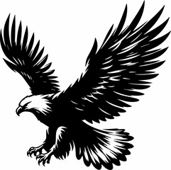 black and white sillhouette of a eagle fly isolated white background