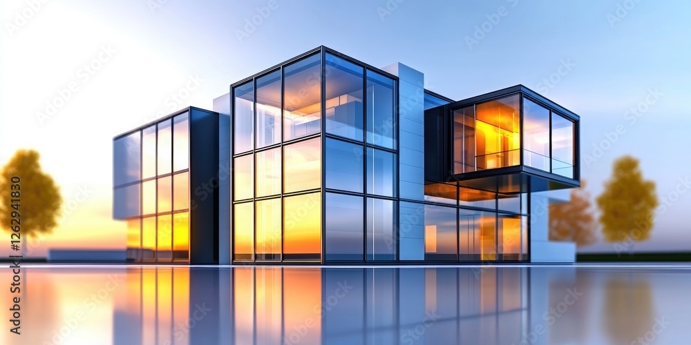 Poster line connection in modern architecture featuring sleek glass facades and minimalist geometric forms 