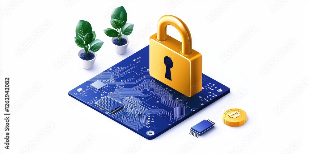 Aufkleber illustration of cybersecurity measures with a digital padlock and circuit board design, highlighting