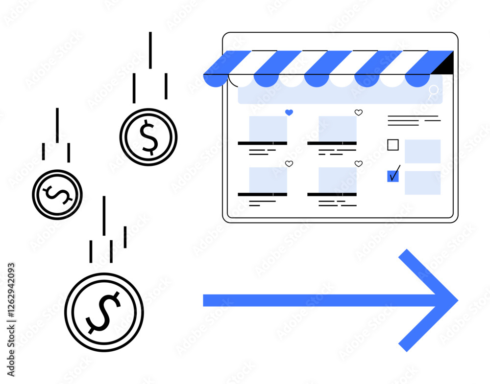 Poster falling money icons directed towards an online storefront with products and a check mark selection, 