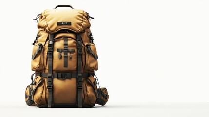 Tan backpack, studio shot, adventure travel, white background, gear