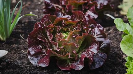 Red leaf lettuce growing in a home garden.