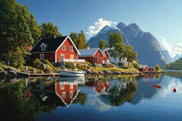 Fototapeta premium Red houses reflecting on fjord at sunrise. Peaceful village nestled in Norway's mountains. Use for travel, tourism, or relaxation