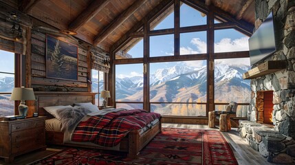 Fototapeta premium Rustic Cabin Bedroom Background with Mountain View and Stone Fireplace