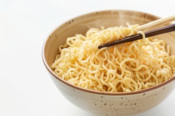 Fresh noodles in white bowl with chopsticks on white background. Neural network AI generated