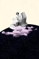 Exclusive image vertical photo collage of happy girl jump dark night sky stars bedtime concept hold...
