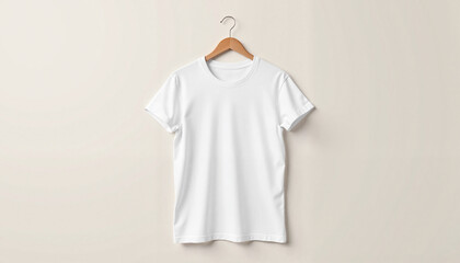 White t-shirt mockup hanging on a wooden hanger against beige background