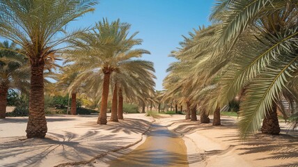 Obraz premium A close-up view of a date palm tree with clusters of ripe, golden-brown dates hanging from its branches. The palm leaves create a tropical, vibrant feel with bright sunlight filtering through.