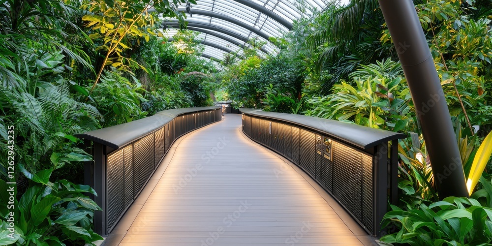 Poster modern architecture with elegant line connections showcasing sleek metal structures, surrounded by lush greenery and a calm neutral backdrop