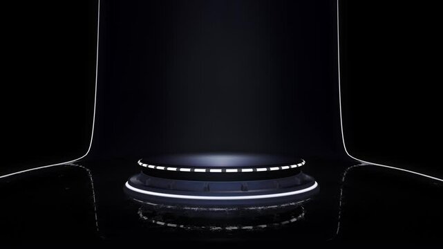 Futuristic stage with a glowing podium and dark background. Video loop ideal for pack shots of new products. Software promos or physical products