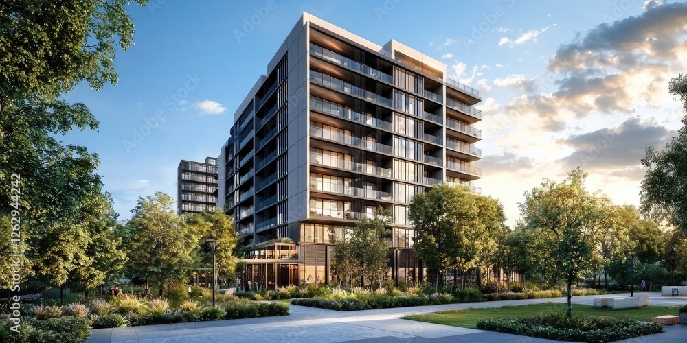 Poster innovative line connection in contemporary architecture highlighting sleek designs of urban buildings with clean lines, complemented by subtle natural elements in the bac