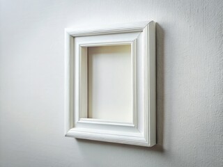 Blank white wooden frame, deep focus, minimalist aesthetic. Ideal for home decor mockups.