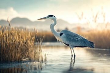 Naklejka premium Grey heron standing in calm water at sunrise, serene nature scene.