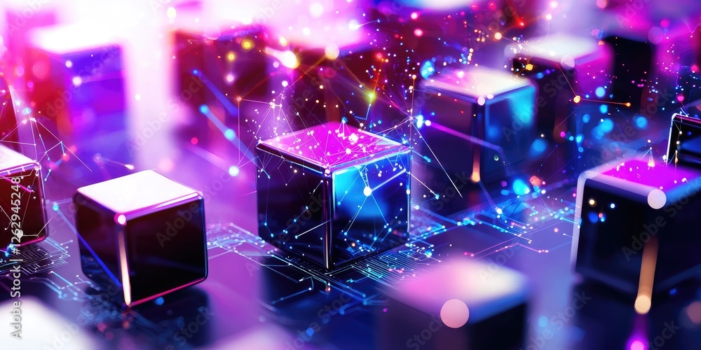 Poster blockchain with interconnected iot devices showcasing smart systems in a modern workspace, neutral b