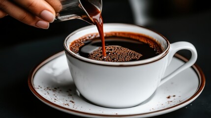 A barista carefully preparing a freshly brewed cup of black coffee in a stylish