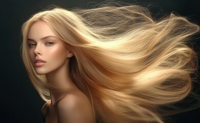 Fototapeta premium Elegant model woman with long silky hair and smooth hairstyle showcasing beauty and glamour in a surrealistic fashion portrait