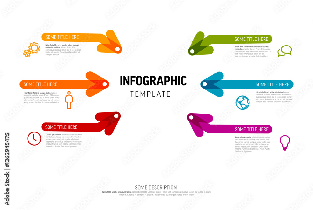 Poster a vibrant infographic template featuring colorful arrows with text boxes. the layout includes six ar