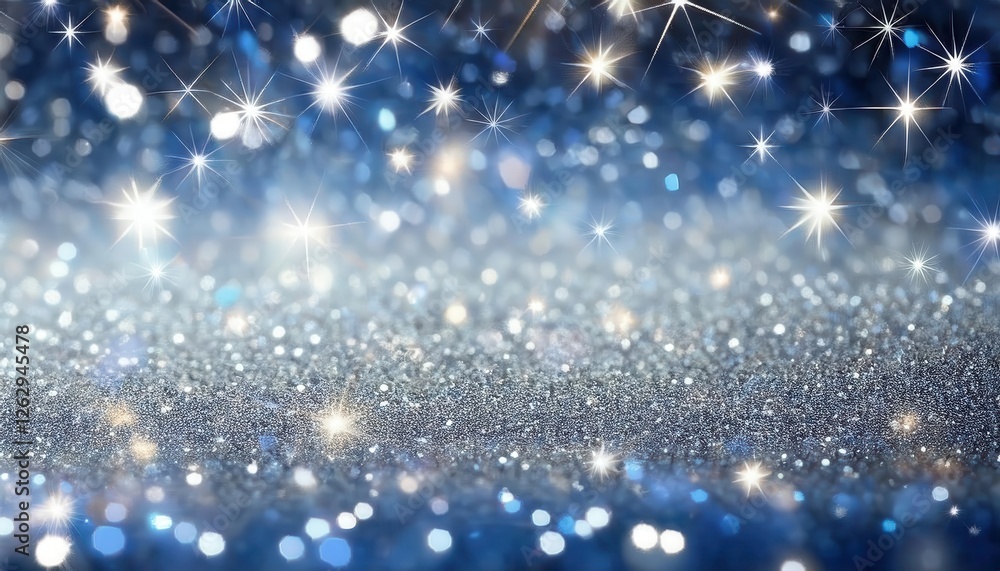 Poster sparkling blue glitter background with bokeh lights and starburst effect for festive design, holiday