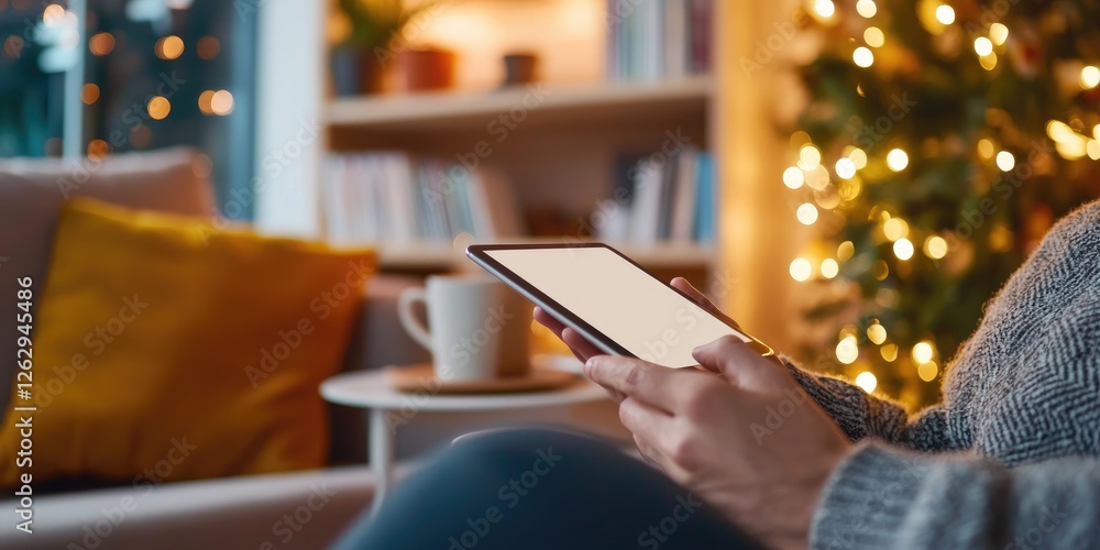 Poster virtual library with a person using a tablet in a cozy home setting, emphasizing mobile access and l